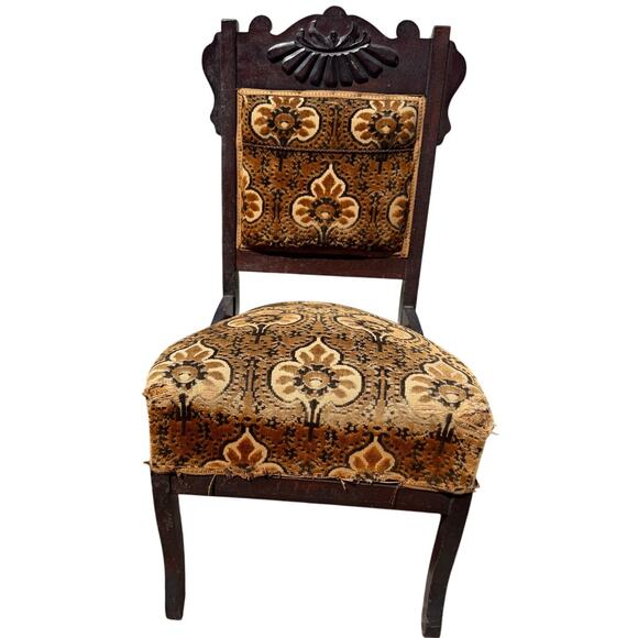 eastlake Other - Antique Victorian EASTLAKE Walnut Chair Carved Accent Upholstered Velvet Spring